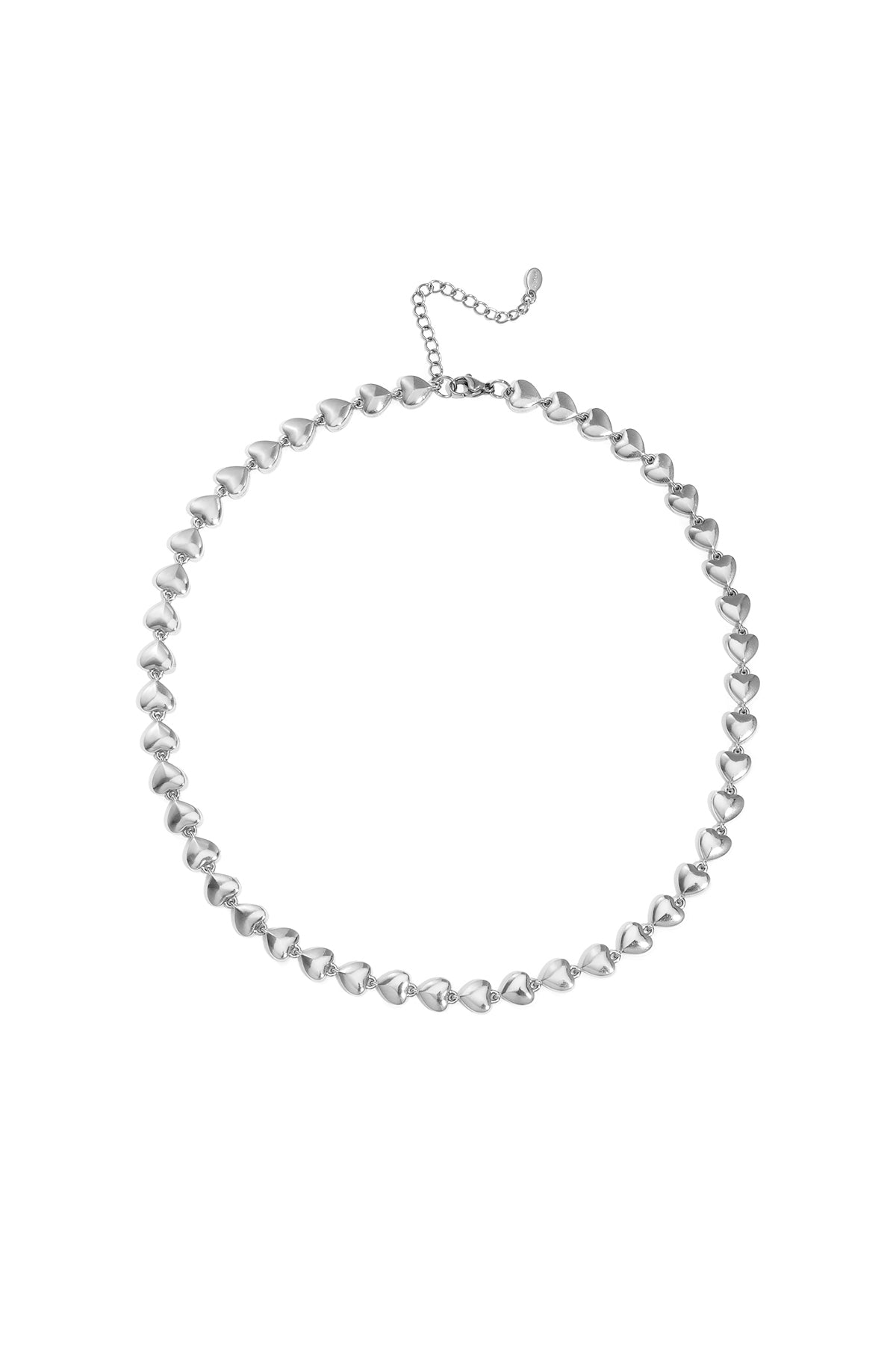 Silver heart-shaped link chain necklace laid flat with adjustable clasp on white background