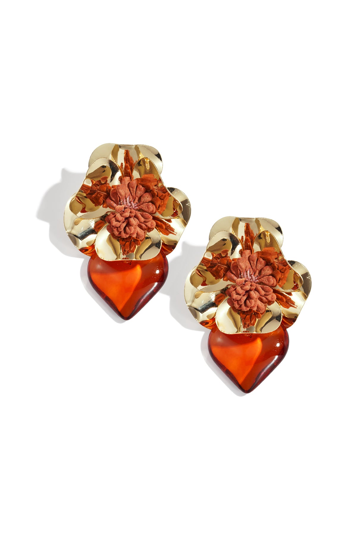 Pair of brown floral heart drop earrings with gold petals and amber resin hearts displayed on white background