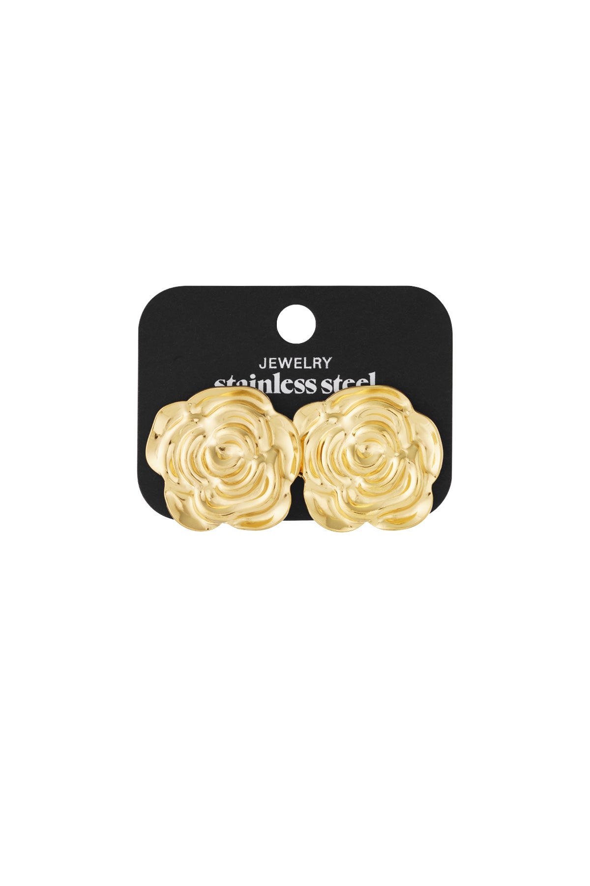 Bloom Core gold-tone stainless steel rose flower stud earrings displayed on a black backing card.