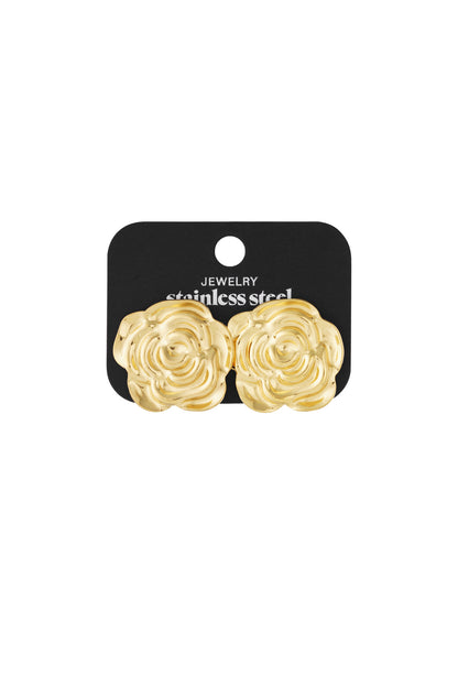 Bloom Core gold-tone stainless steel rose flower stud earrings displayed on a black backing card.
