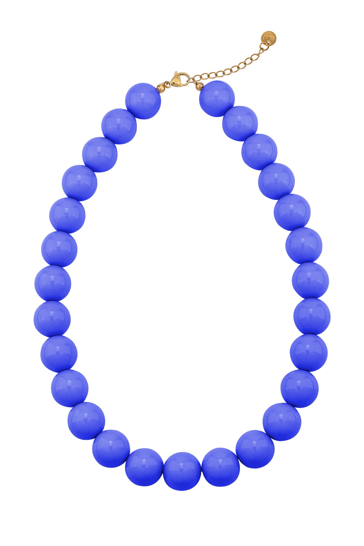 Chunky necklace featuring vibrant blue round beads on a gold-tone chain with an adjustable clasp closure.