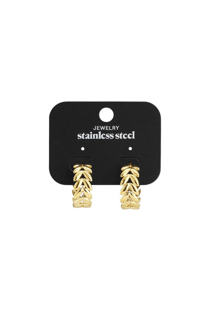 Botanical Vibe gold stainless steel hoop earrings featuring a layered, textured leaf design on a black display card.