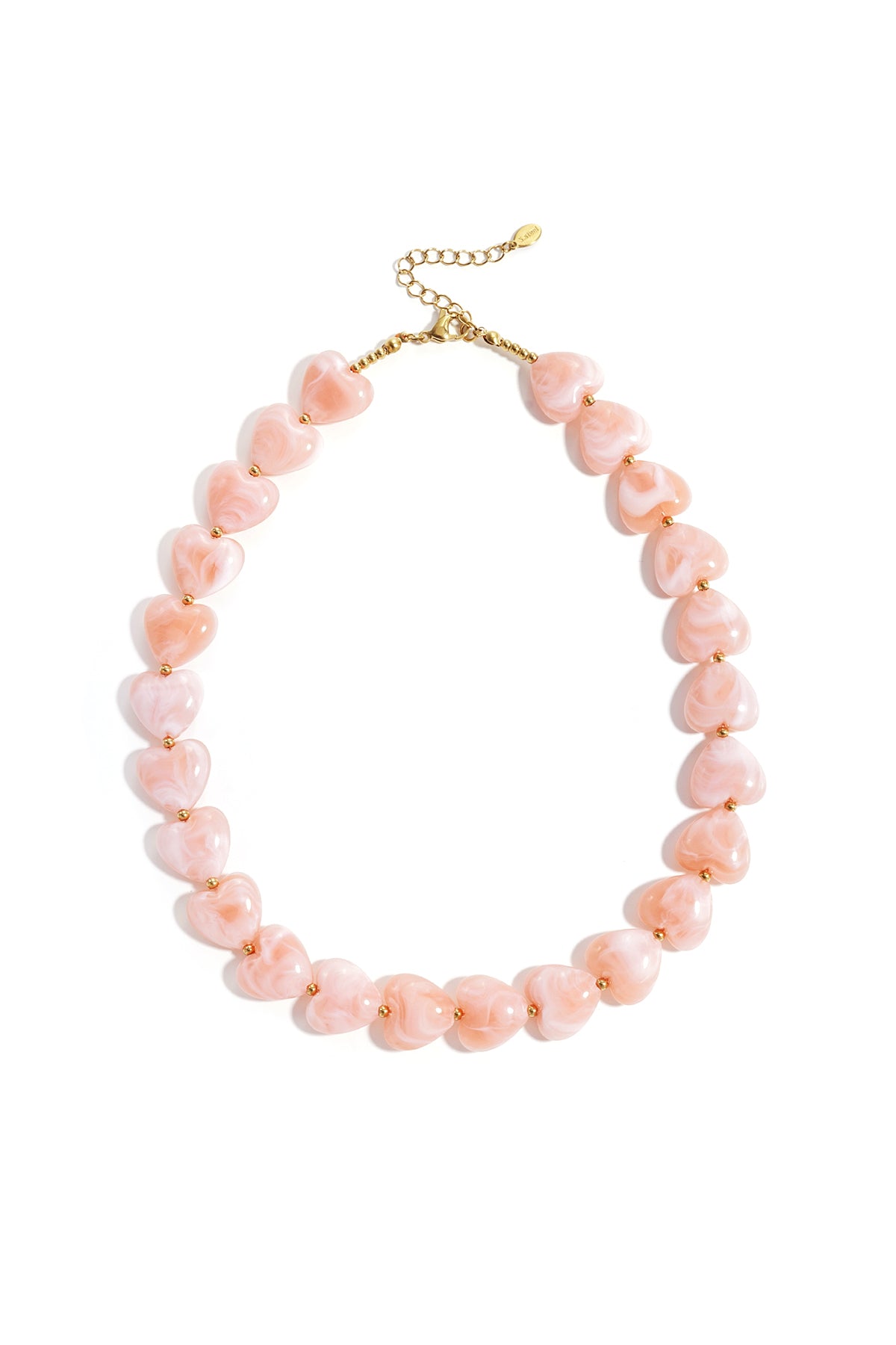 Coral peach heart-shaped bead necklace with gold-tone beads on white background