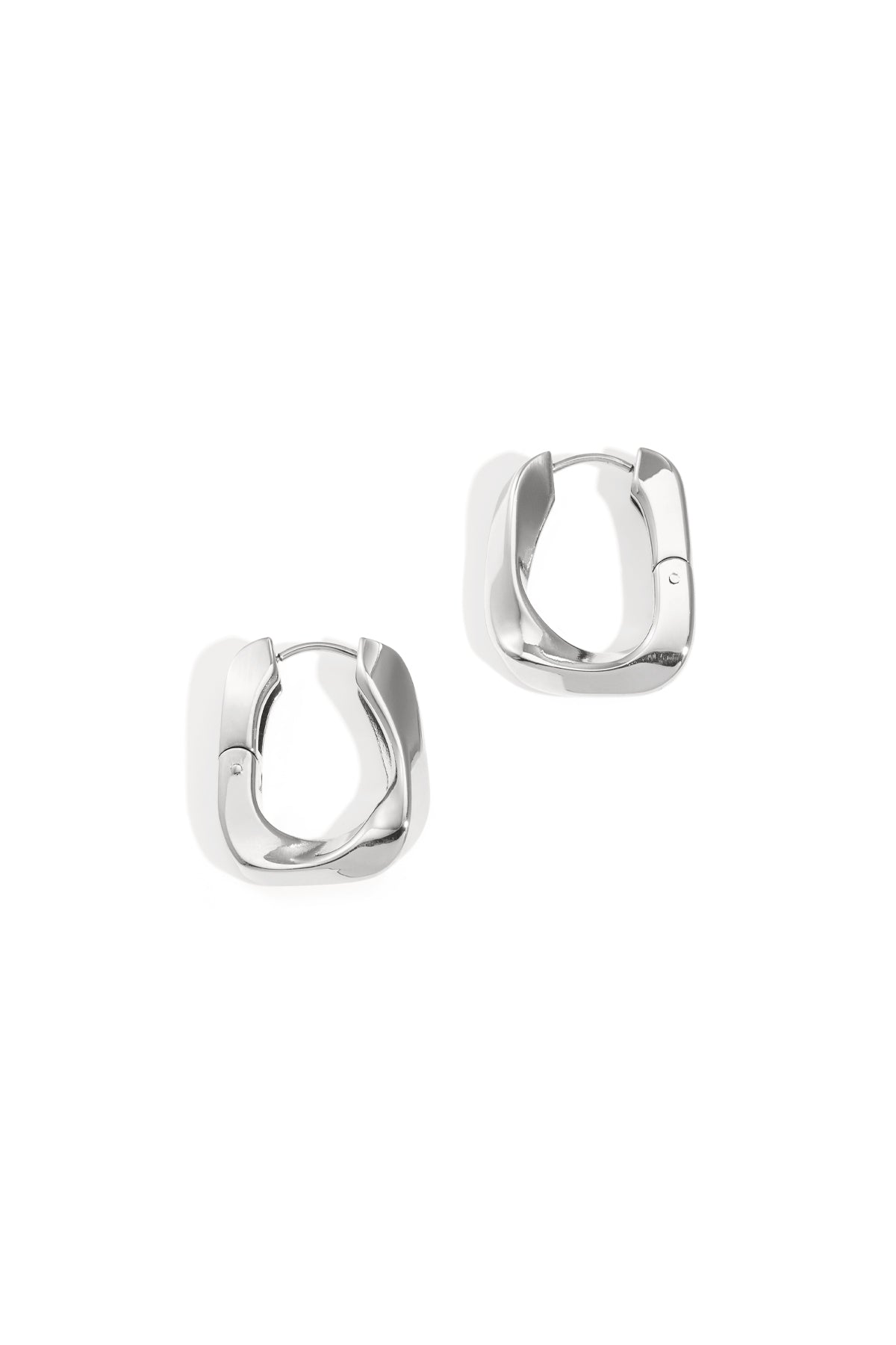 Twist rectangular hoop earrings in polished silver stainless steel on white background