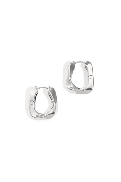 Twist rectangular hoop earrings in polished silver stainless steel on white background