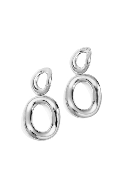 Pair of shiny silver twist oval drop earrings with smooth, organic shapes on white background