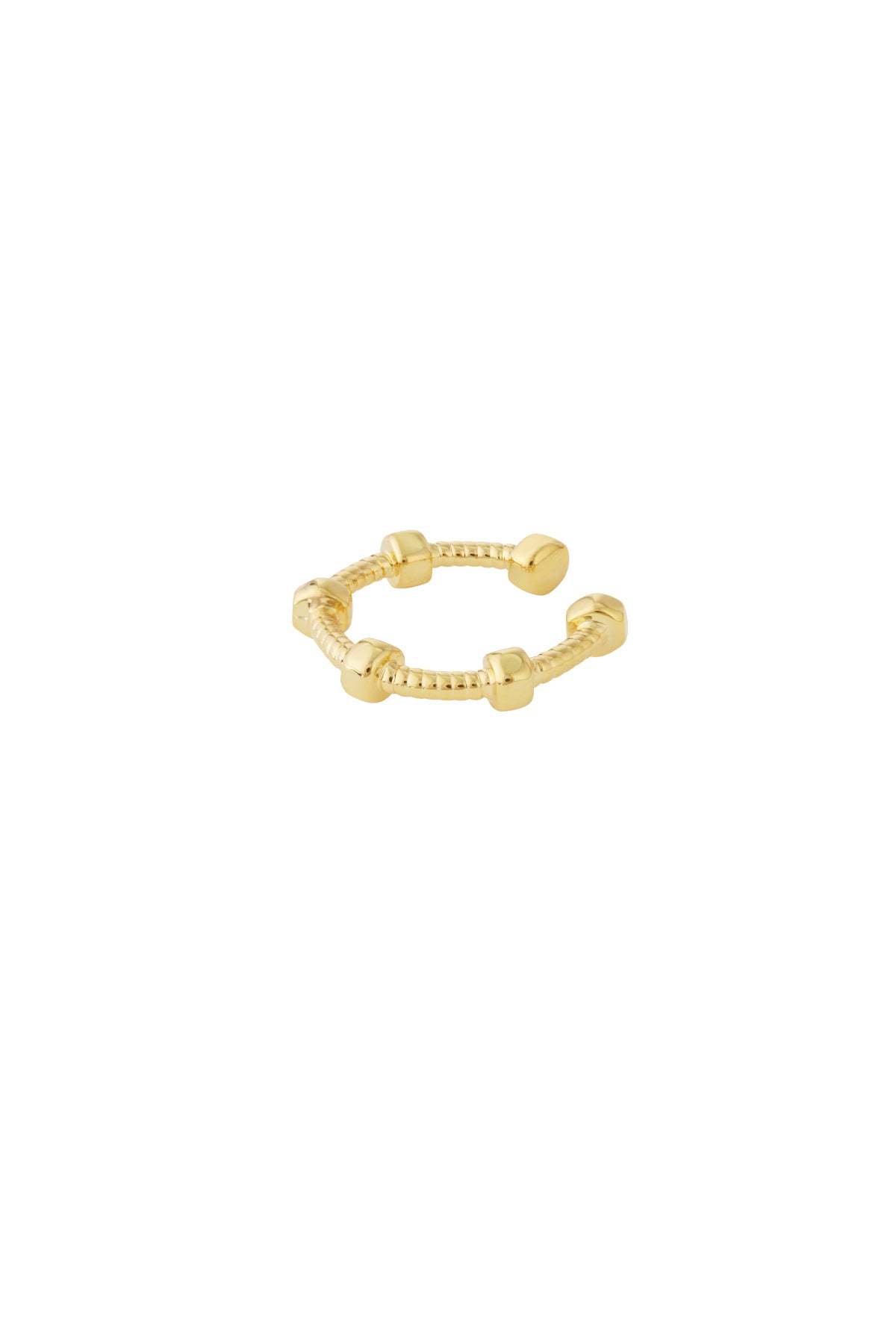 Gold geometric ear cuff with textured band and cubic nodes on white background