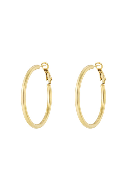 Pair of shiny gold hoop earrings on white background