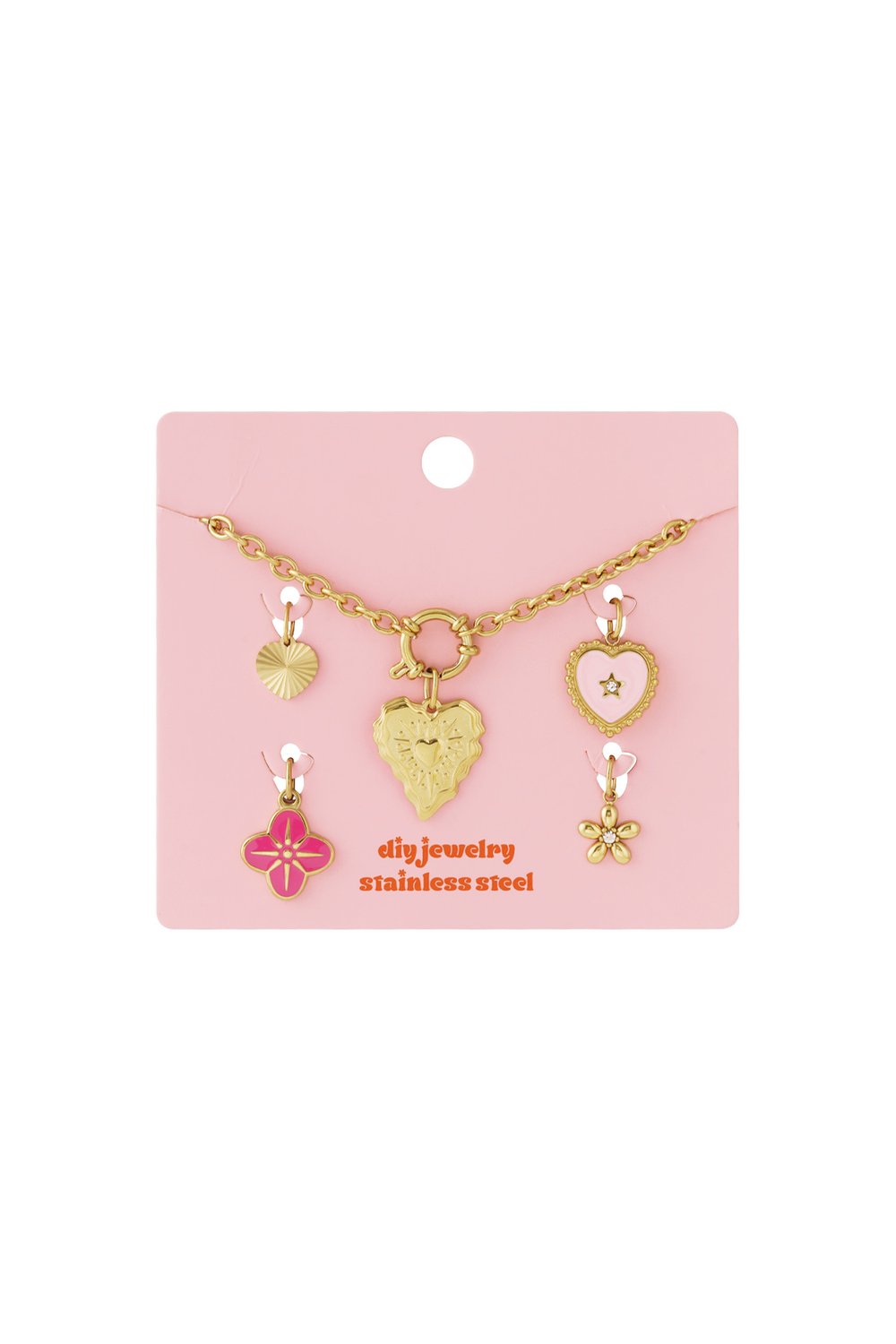 Golden Era Core: Gold stainless steel charm necklace kit with pink and gold heart, star, and flower pendants on a card.