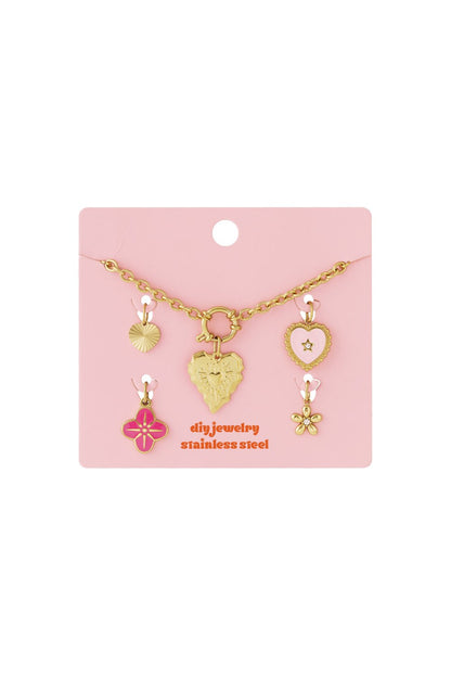 Golden Era Core: Gold stainless steel charm necklace kit with pink and gold heart, star, and flower pendants on a card.