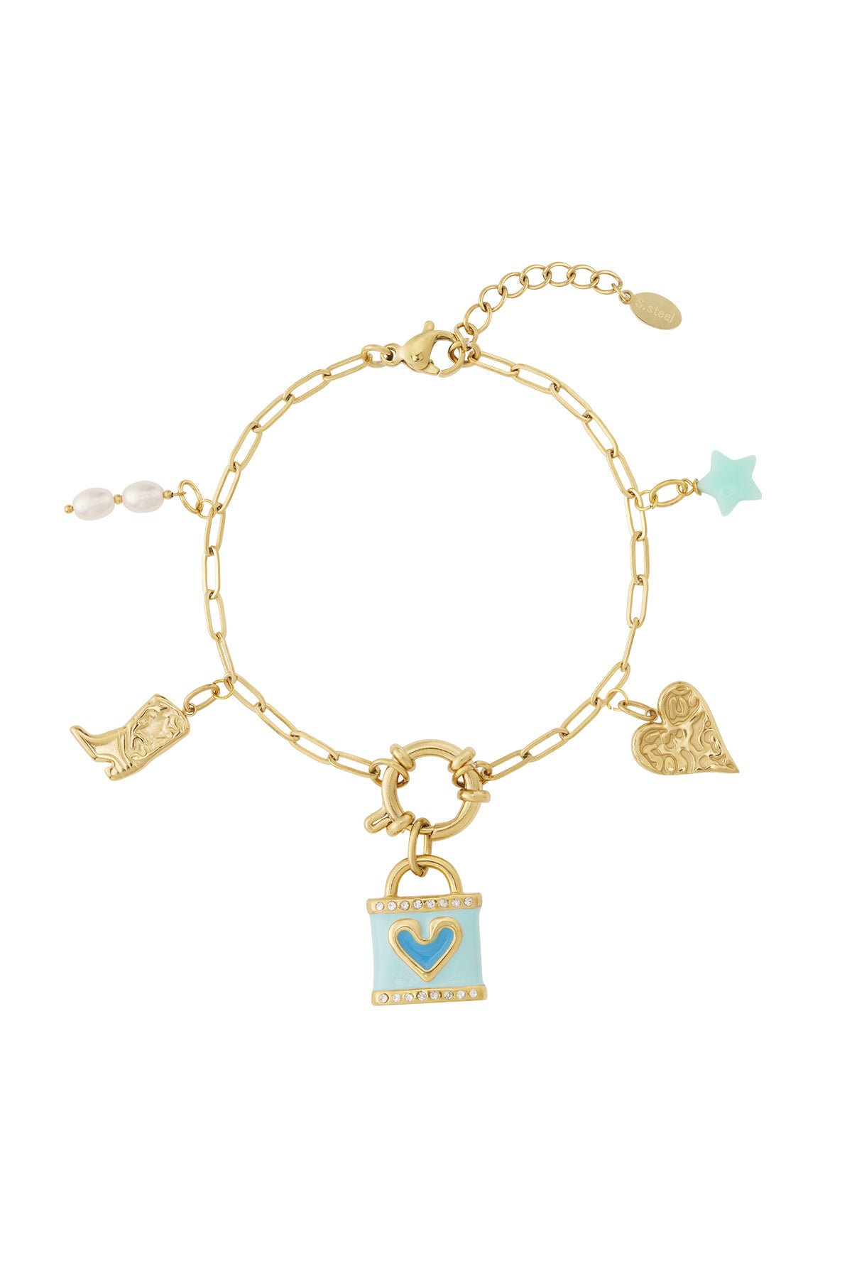 Gold charm bracelet worn with all light blue, pearl, star, boot, and heart charms attached in a circle on white background