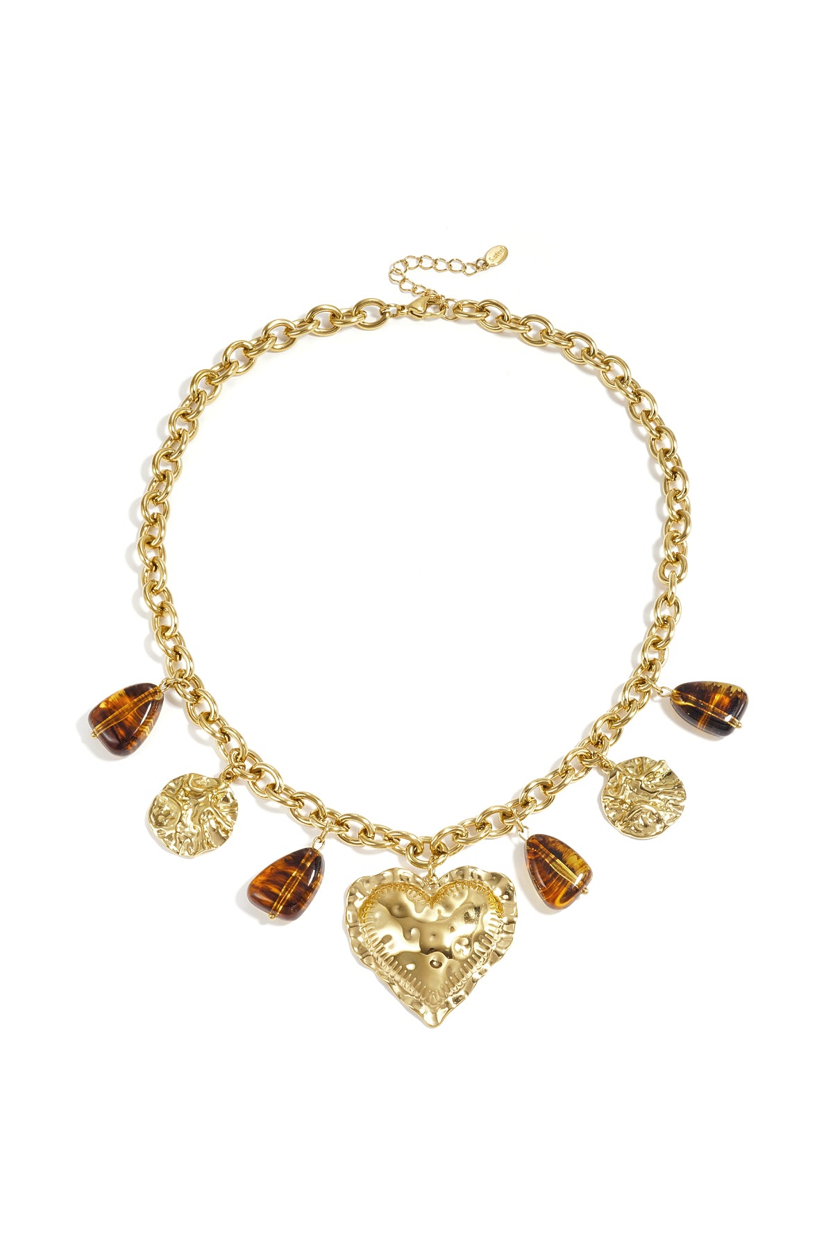 Gold-tone chunky chain necklace with hammered heart charm, hammered coin charms, and amber resin teardrop charms laid flat on white background
