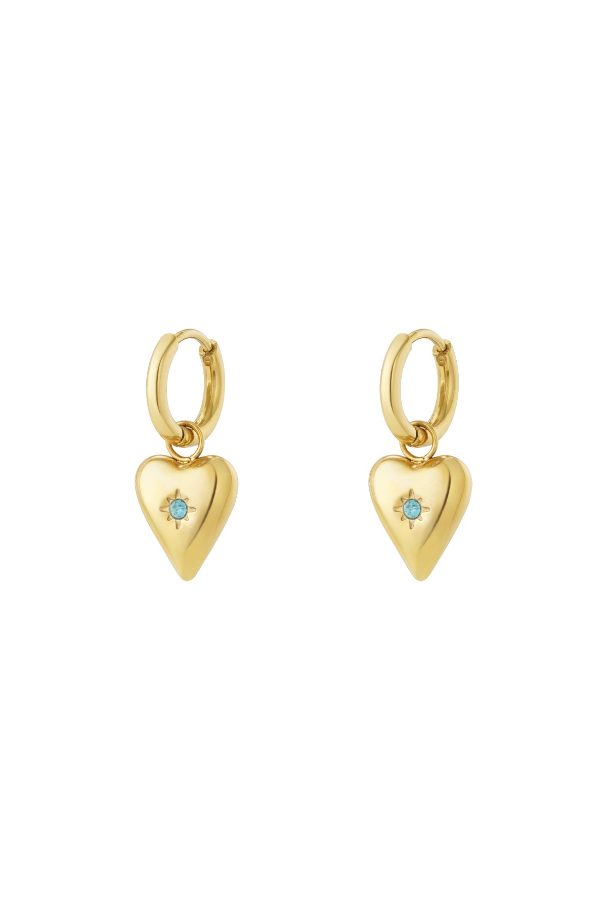 Gold-plated heart charm earrings with turquoise blue birthstone centre on hoop backings