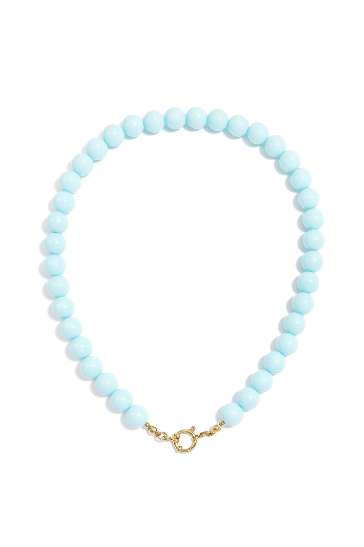 Light blue resin beaded necklace with a round gold spring ring clasp on a plain white background.