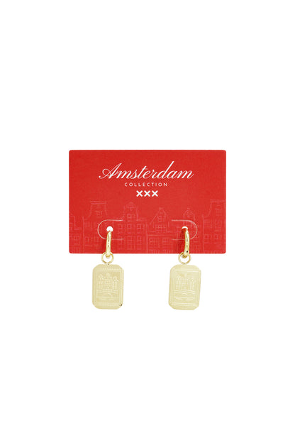Gold Amsterdam Canal House Earrings attached to a red branded display card from the Amsterdam collection.