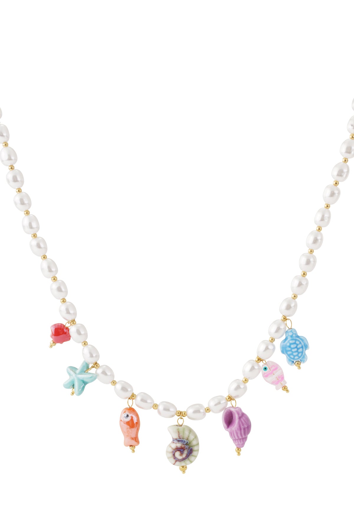 Close-up of a beaded necklace with imitation pearls and colorful ceramic sea-themed charms including starfish, fish, turtle, and shells.