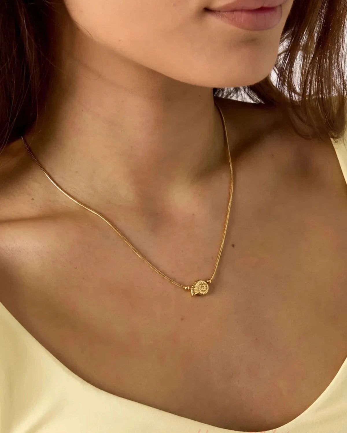Gold snake chain necklace with a small nautilus shell pendant flanked by tiny beads.