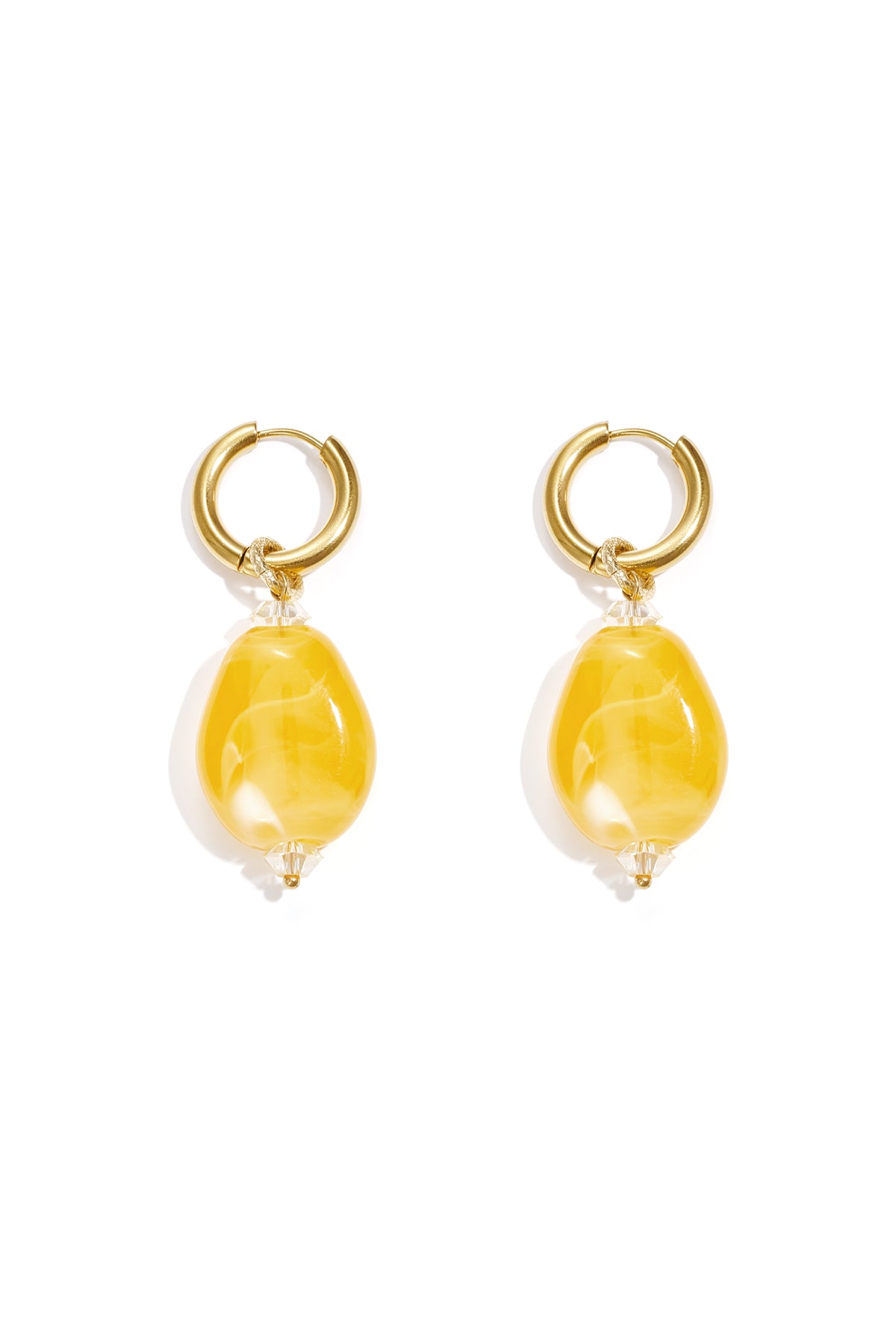 Pair of gold hoop earrings with bright yellow cloudy resin beads
