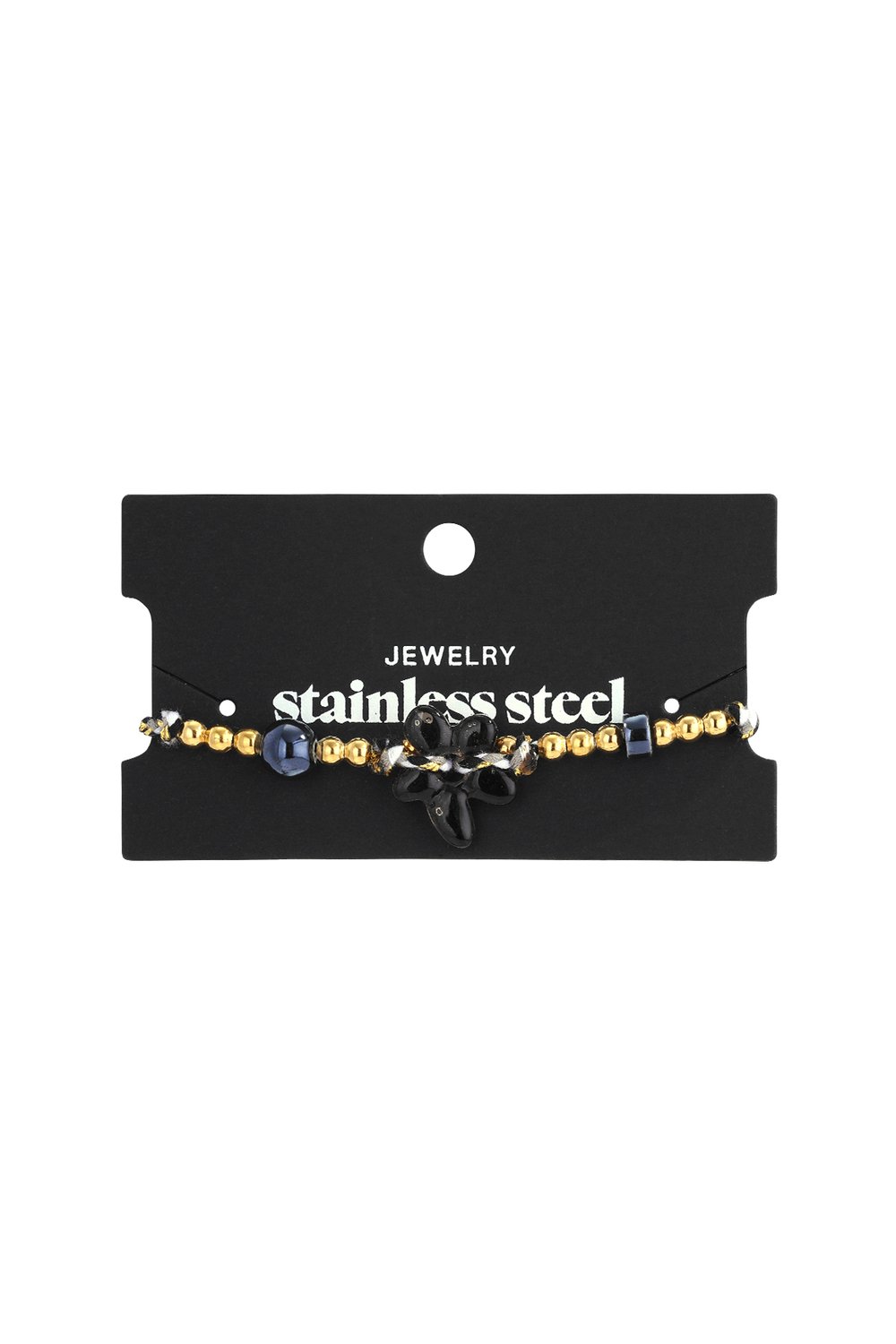 Floral beaded bracelet featuring a black flower charm, gold-tone accents, and beads on a stainless steel card.