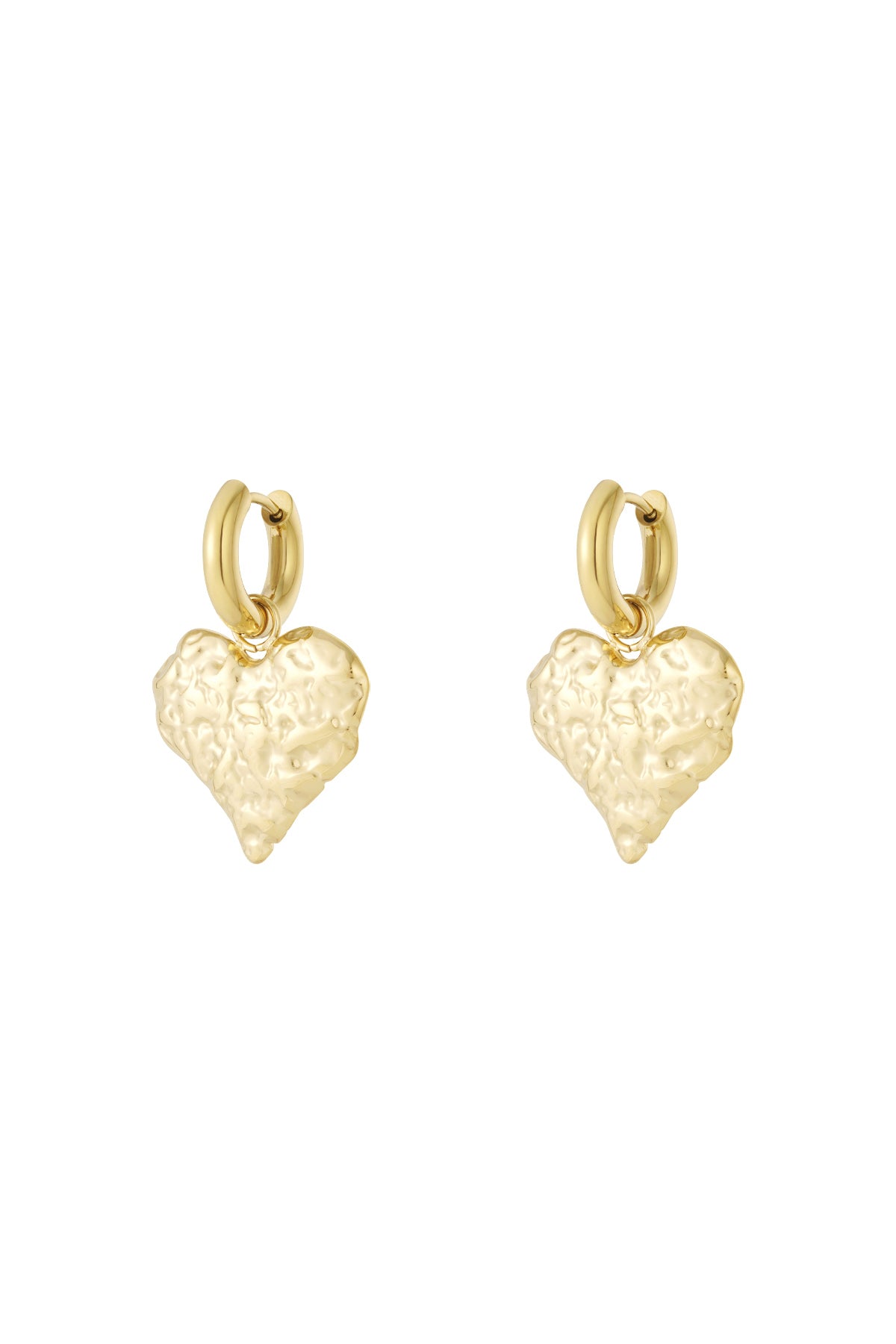 Pair of gold textured heart hoop earrings with hammered finish on white background