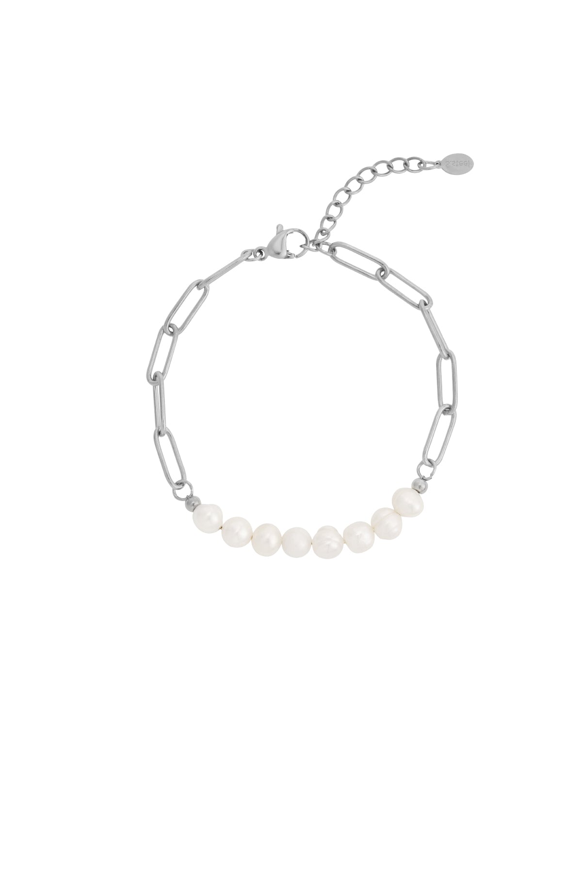 Silver chain bracelet with rectangular links featuring a row of seven white freshwater pearls and a lobster clasp with extender chain
