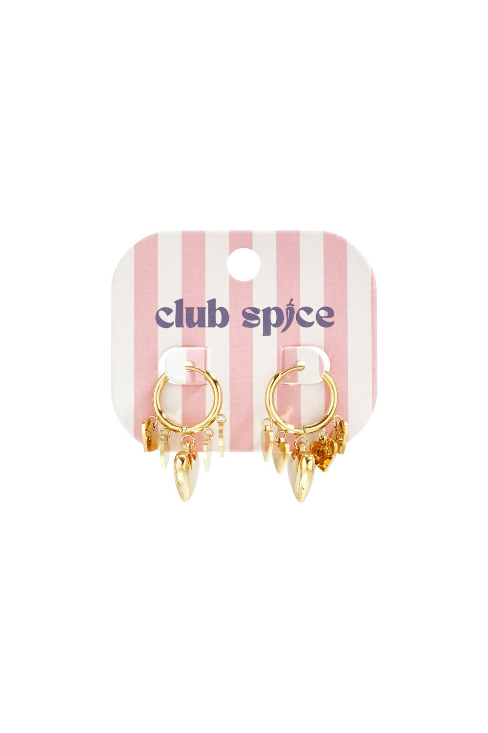 Gold hoop earrings with dangling heart charms on a pink and white striped "club spice" display card.