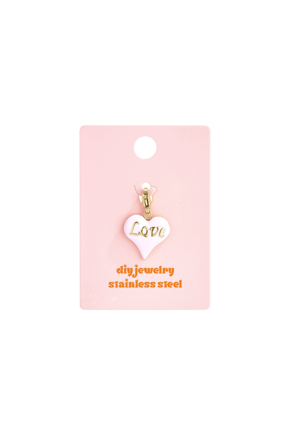 Love Heart Core: A light pink heart-shaped stainless steel charm with the word "Love" in gold on a pink display card.
