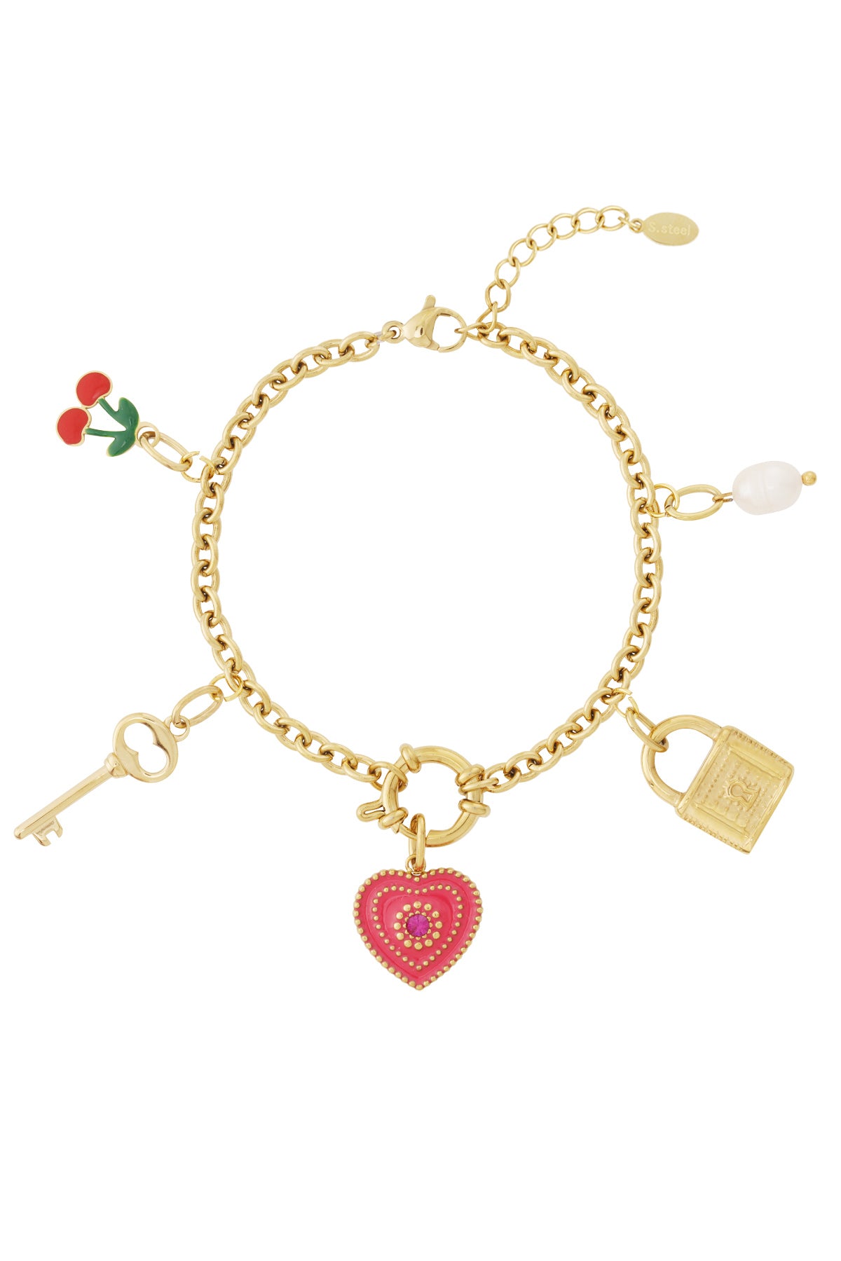 Gold charm bracelet with charms attached showing heart, cherry, key, pearl, and lock pendants