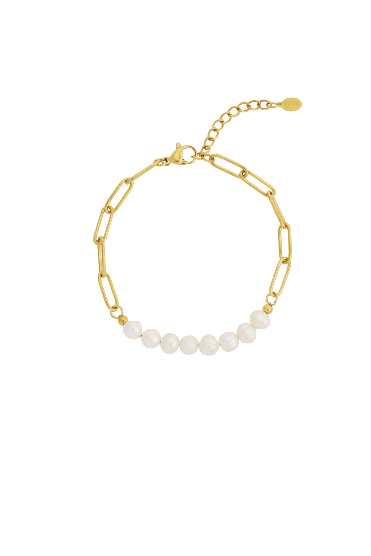 Gold chain bracelet with rectangular links featuring a row of seven white freshwater pearls and a lobster clasp with extender chain