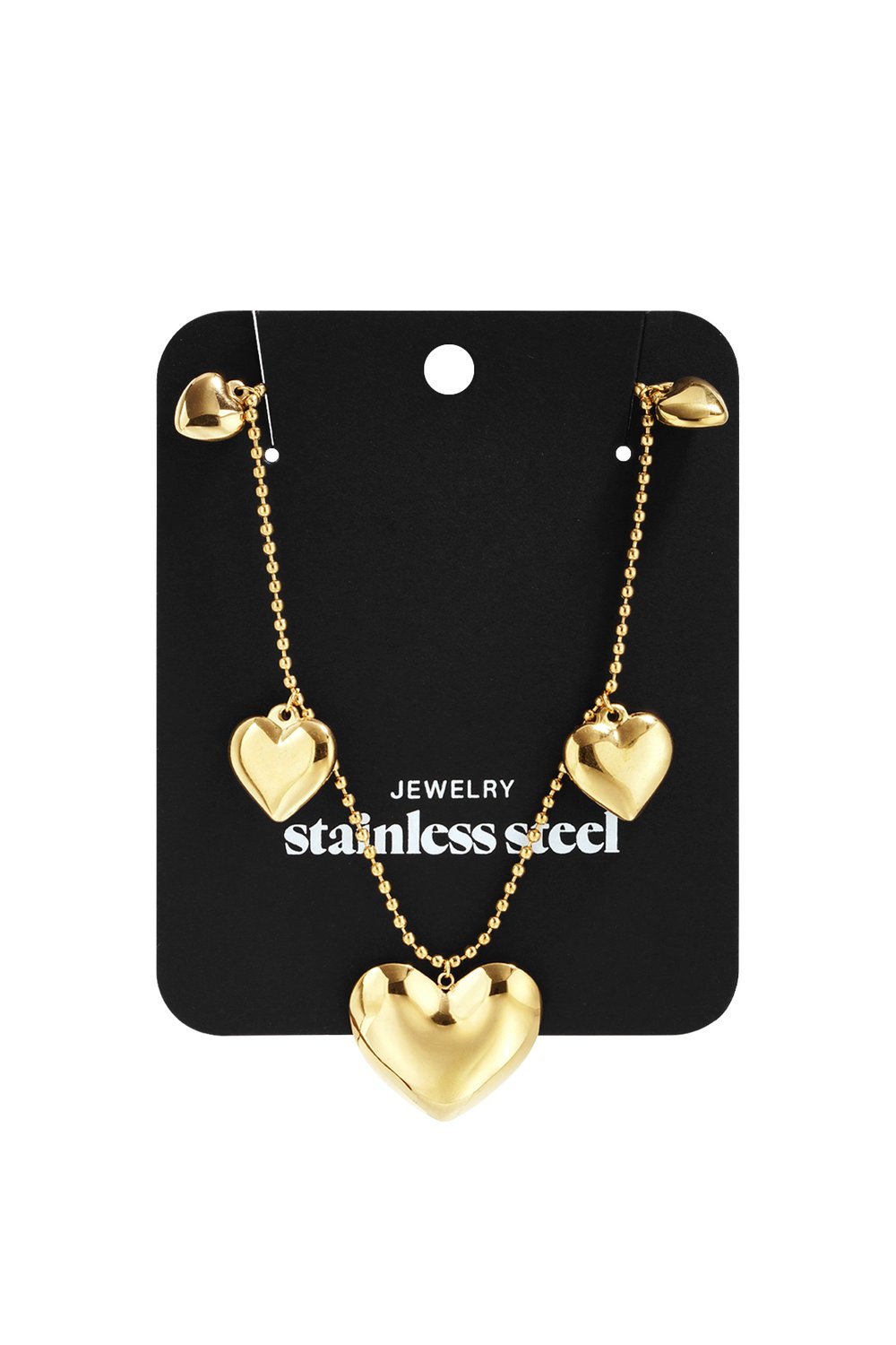 Gold-tone stainless steel chain necklace featuring three polished heart charms on a black display card.