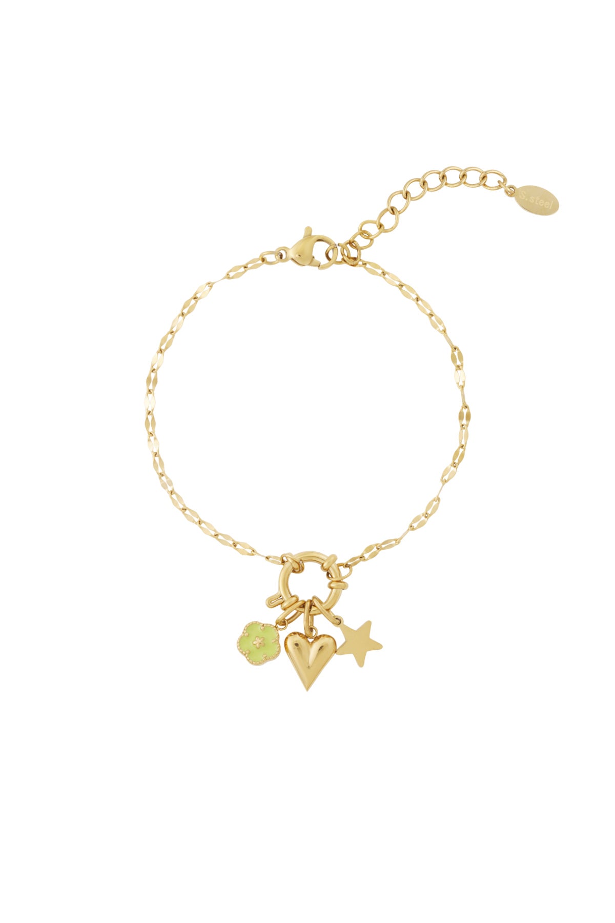 Gold chain bracelet worn with flower, heart, and star charms attached highlighting an adjustable lobster clasp closure