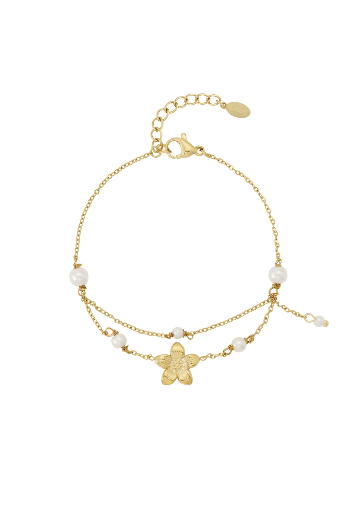 Gold double layer charm bracelet with flower pendant and faux pearls on a white background
