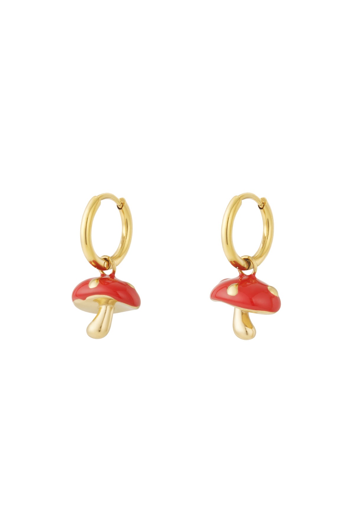 Pair of gold hoop earrings with red enamel mushroom charms isolated on white background