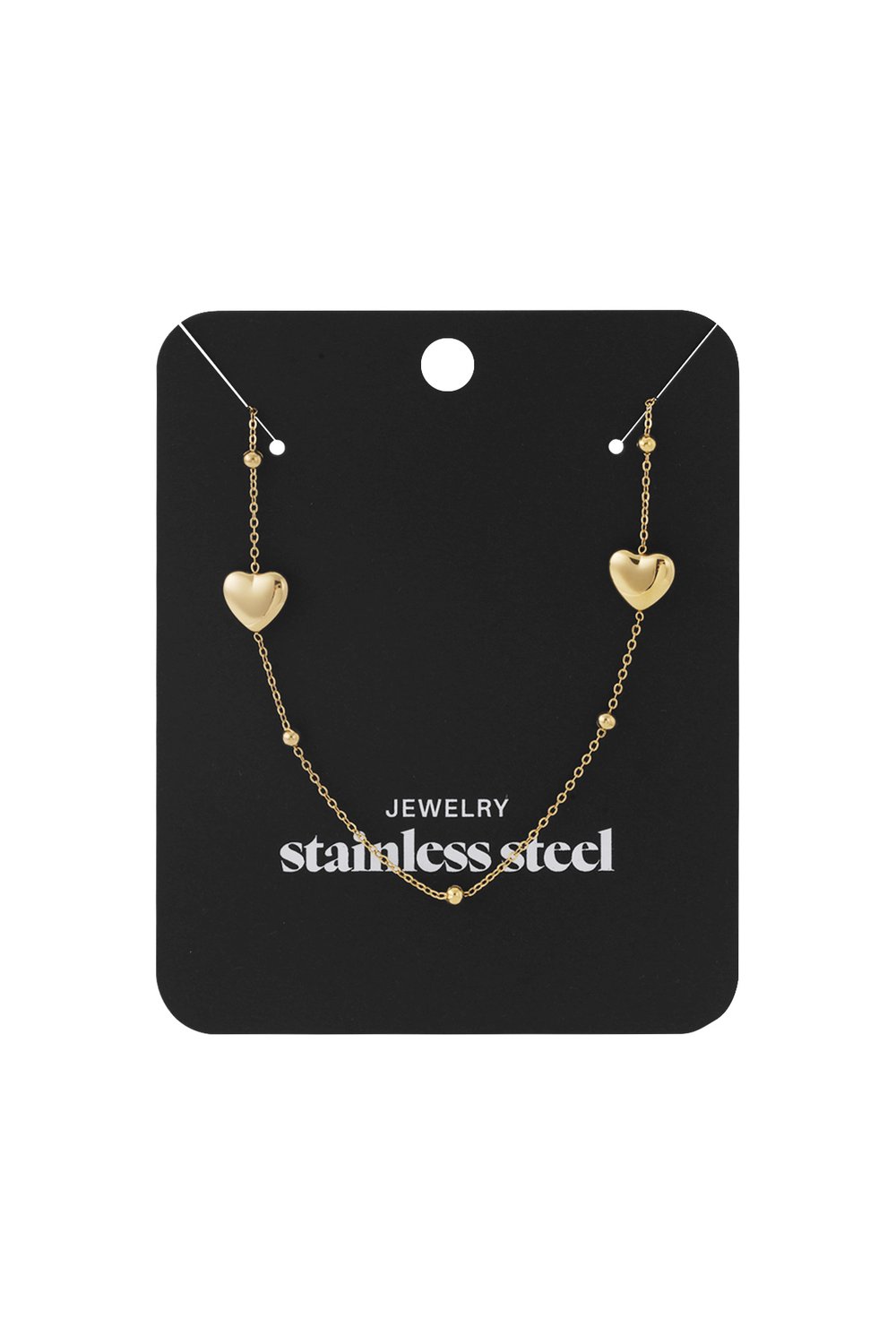 Gold-tone stainless steel Love Struck chain necklace featuring two small heart charms and delicate accent beads.