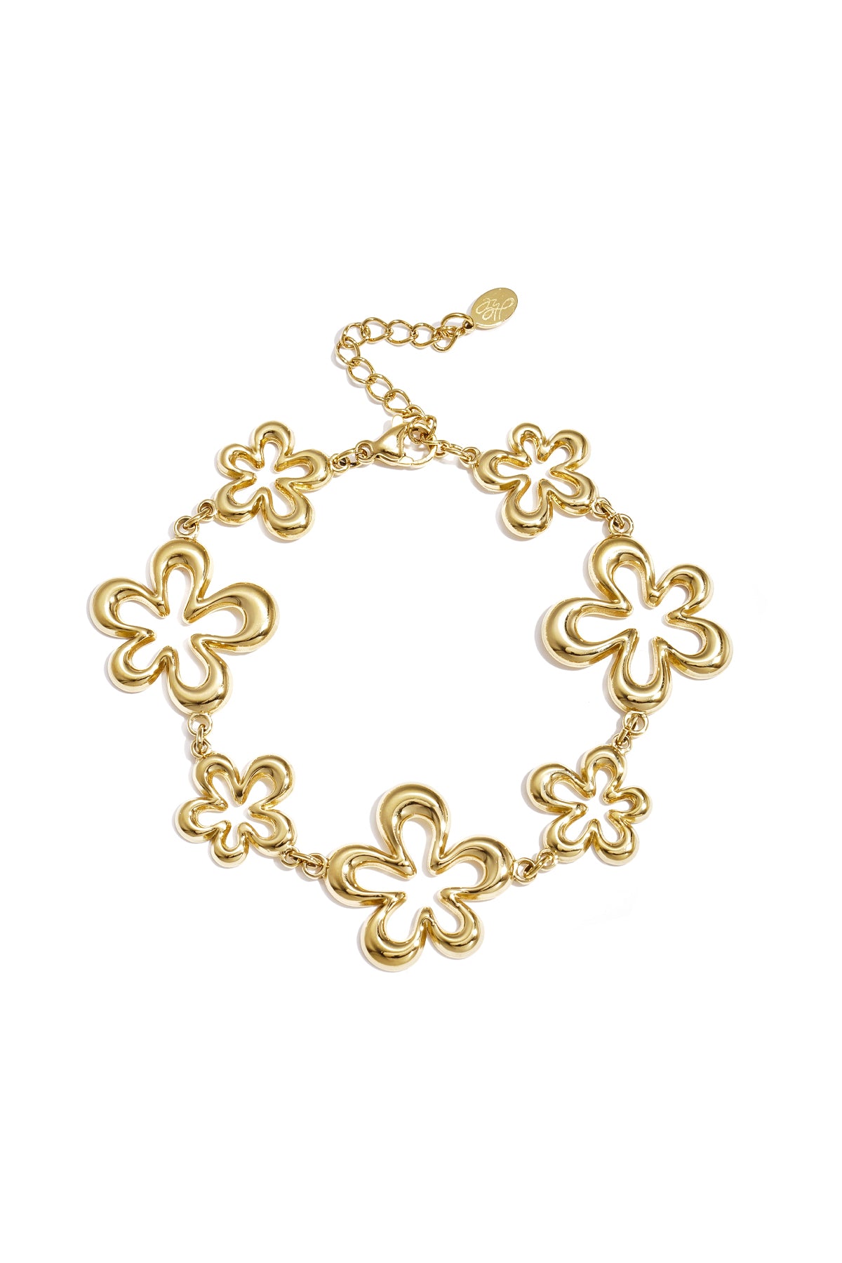 Gold-tone charm bracelet with open flower shapes linked by chain on white background