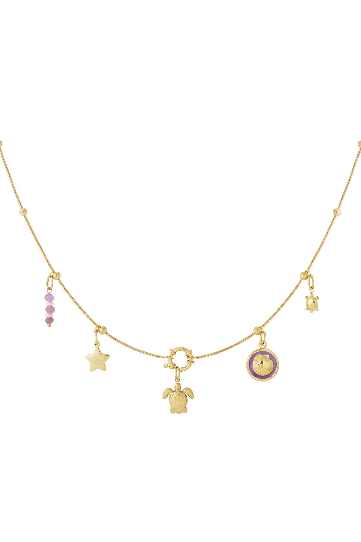 Flat lay of gold charm necklace showing detailed turtle, star, purple bead, small turtle and purple enamel shell charms on chain with spaced gold beads