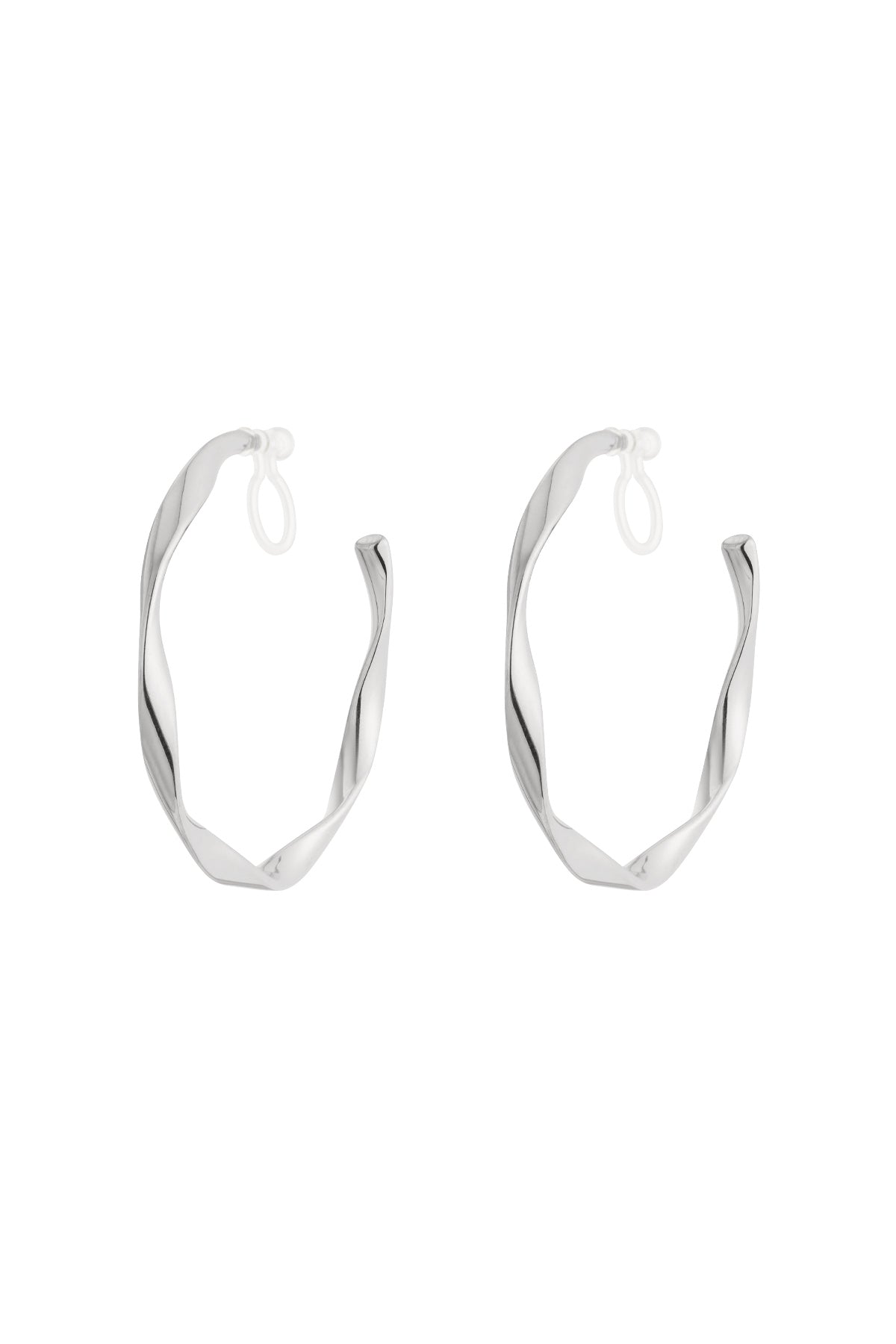 Pair of silver-tone twist hoop clip-on earrings with a twisted design on white background