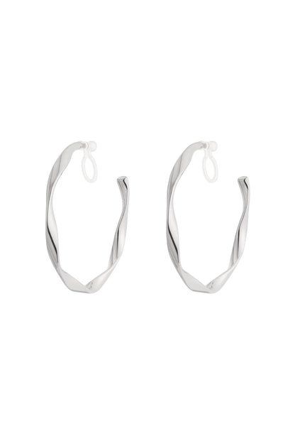 Pair of silver-tone twist hoop clip-on earrings with a twisted design on white background