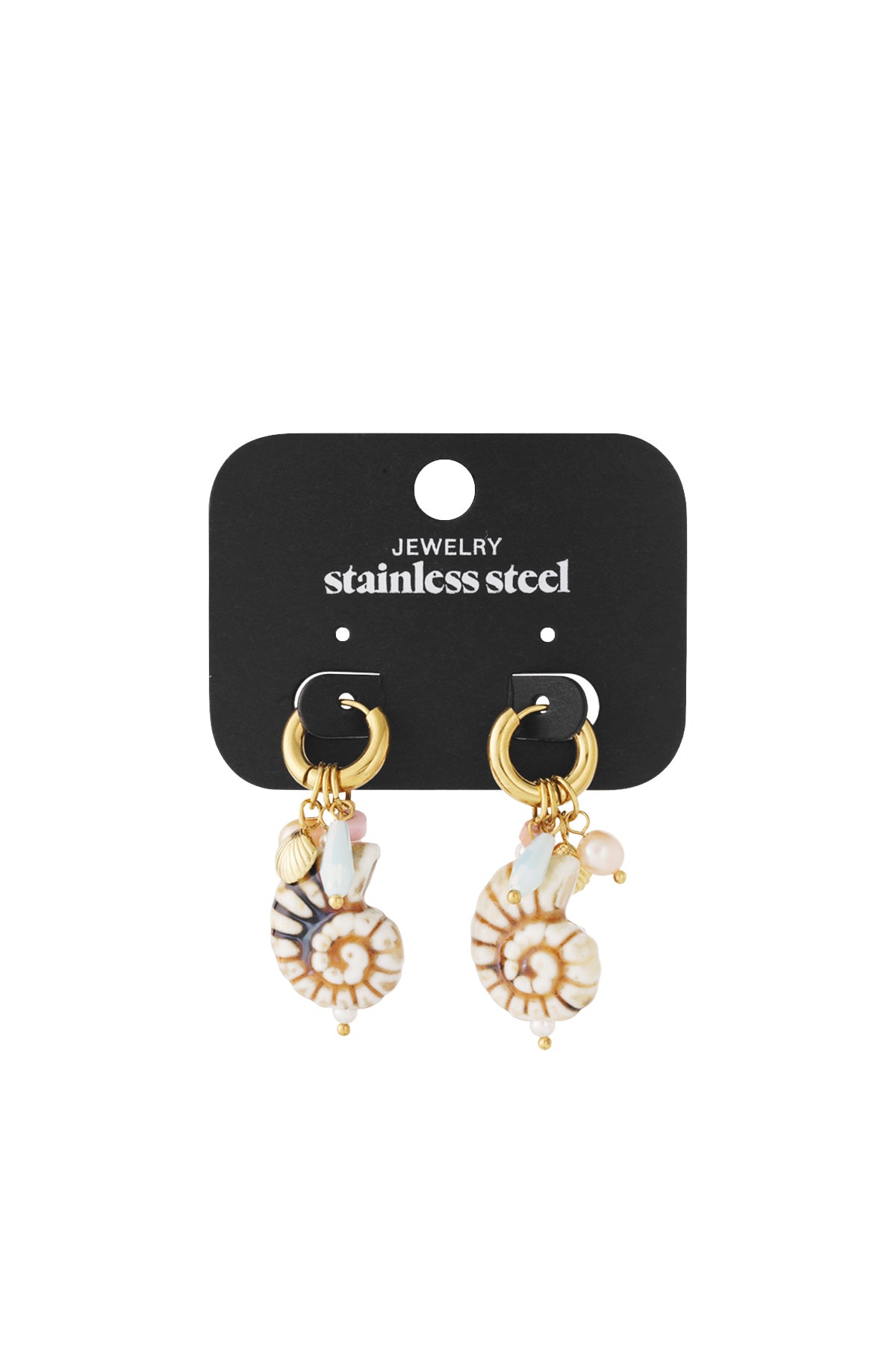 Gold-tone stainless steel hoop earrings with shell, pearl, and beaded charms, presented on a branded display card.