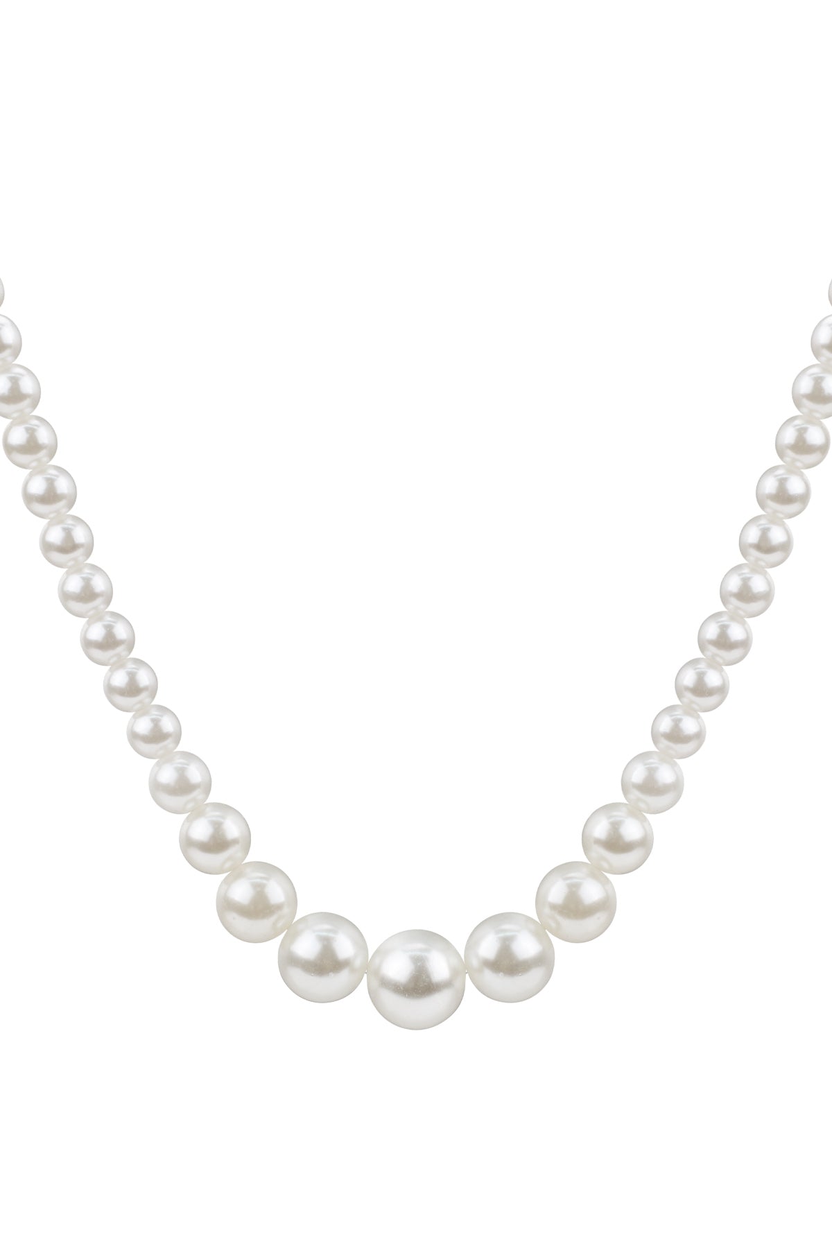 Close-up of a pearl beaded necklace with graduated white imitation pearls arranged from smaller to larger in the center