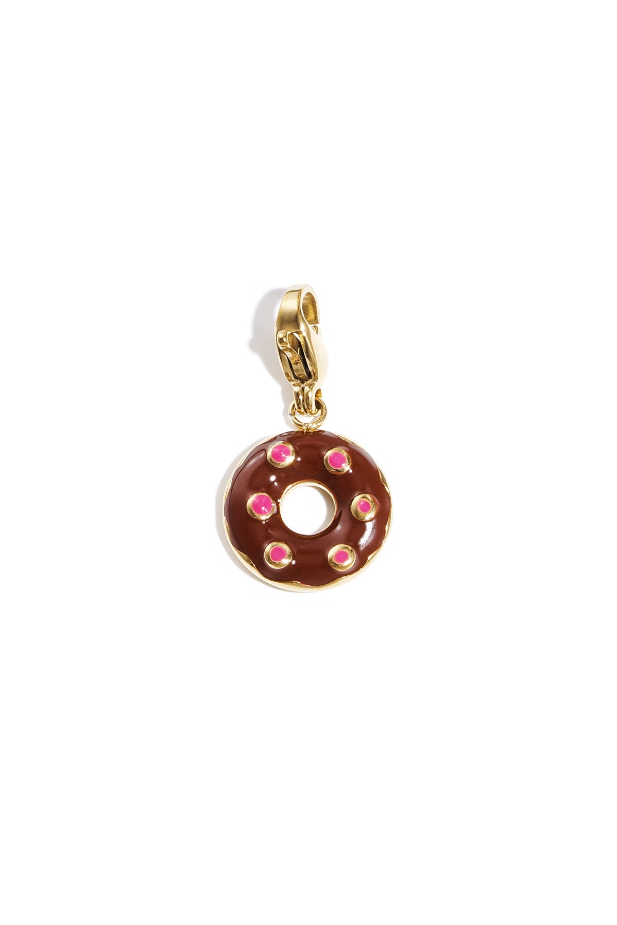 Gold-tone donut charm with brown enamel glaze and pink sprinkle details on lobster clasp