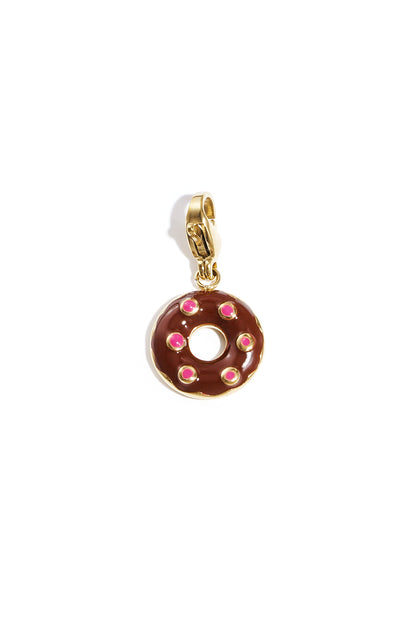 Gold-tone donut charm with brown enamel glaze and pink sprinkle details on lobster clasp