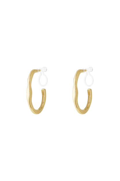 Pair of irregular wave-shaped clip-on hoop earrings in gold plating with clear clip backs