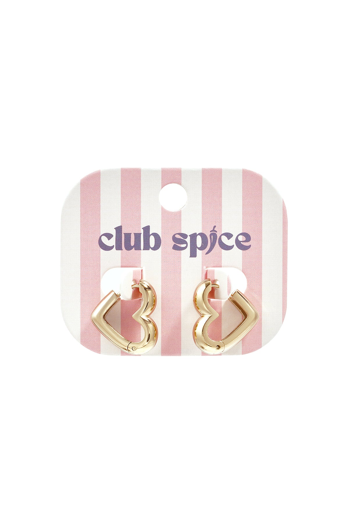 Gold heart-shaped hoop earrings displayed on pink and white striped club spice branded card