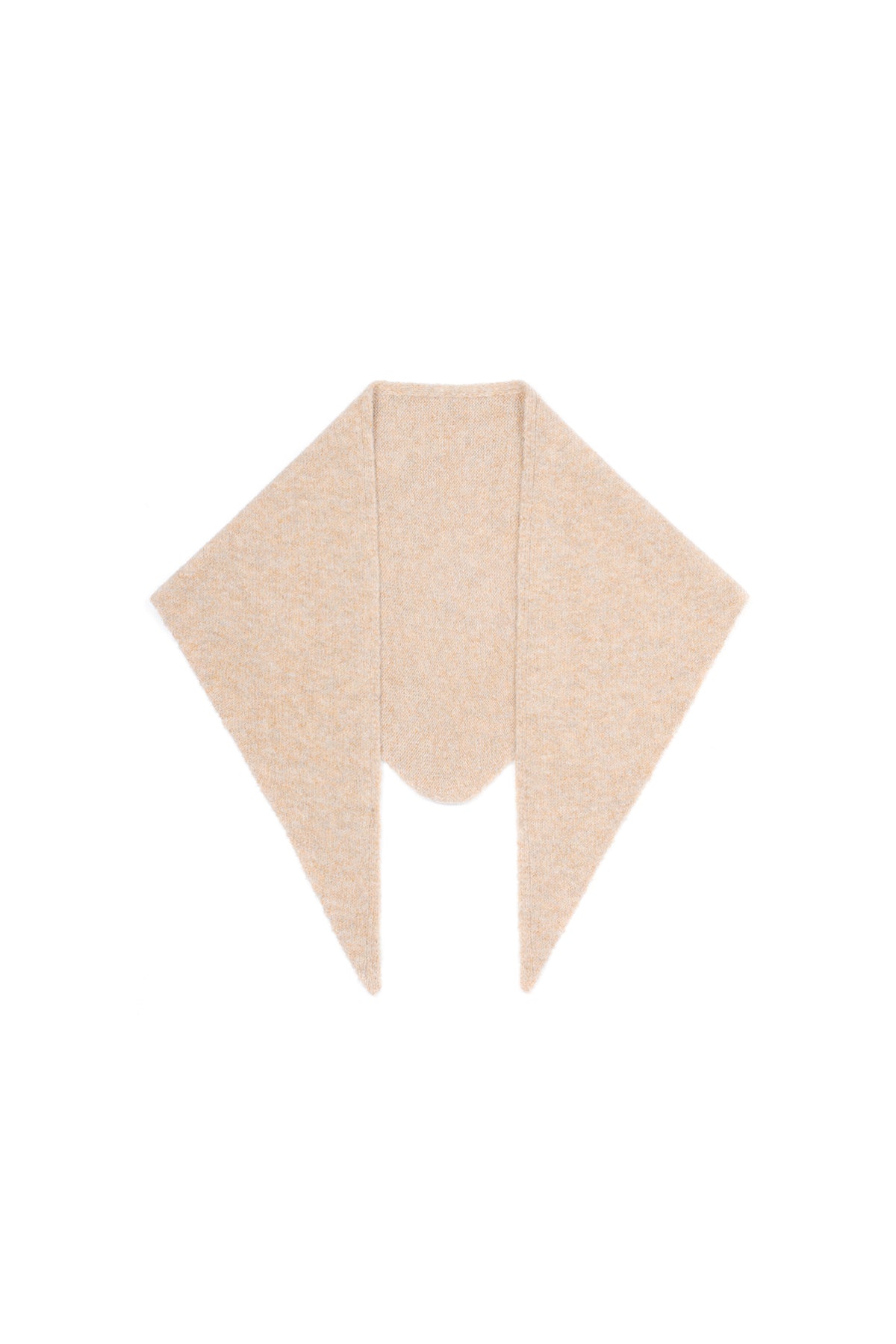 Light gray knit scarf laid flat on white background emphasizing texture