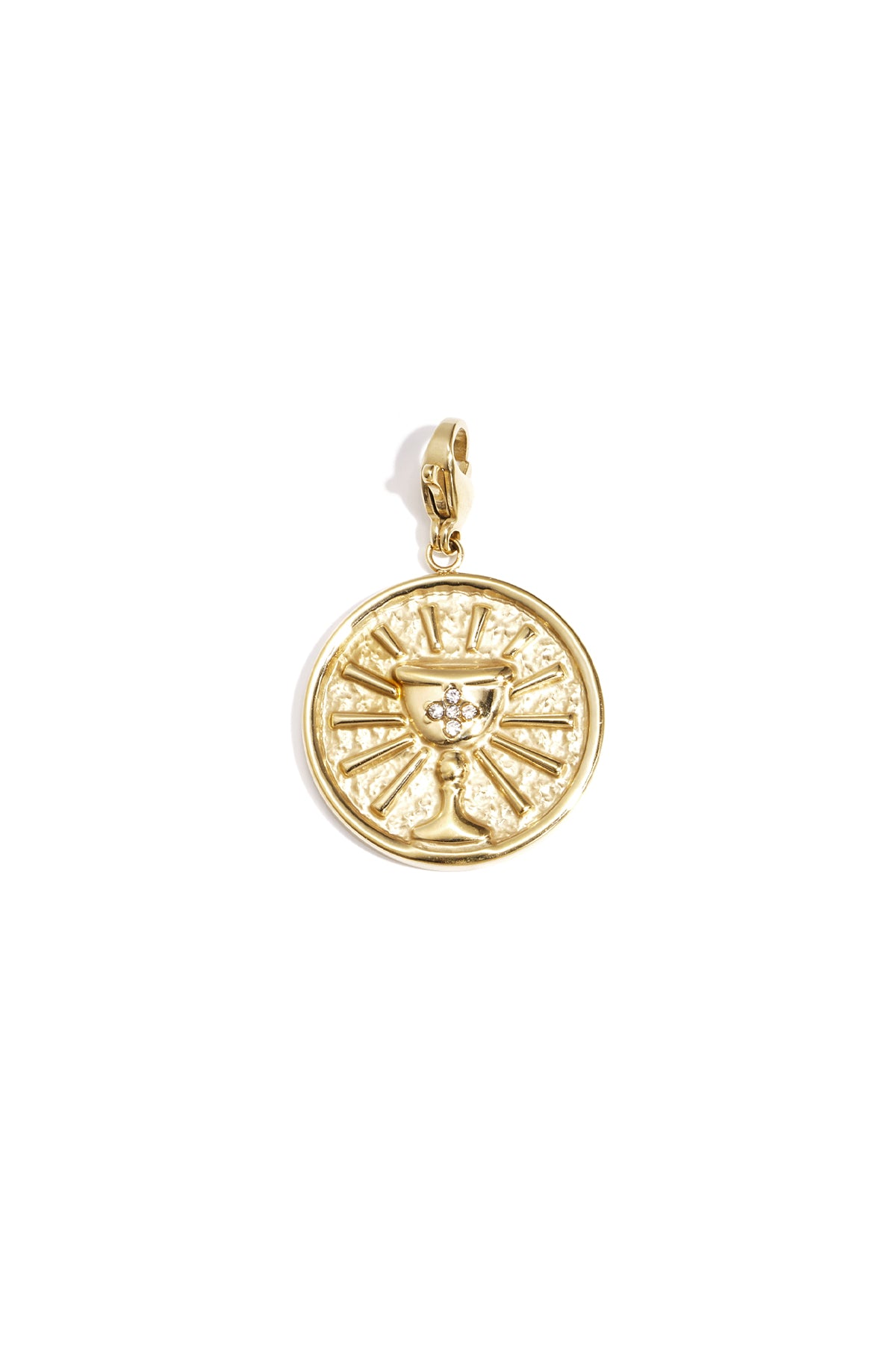 Gold circular pendant charm with a raised chalice design and rhinestone accents on a lobster clasp