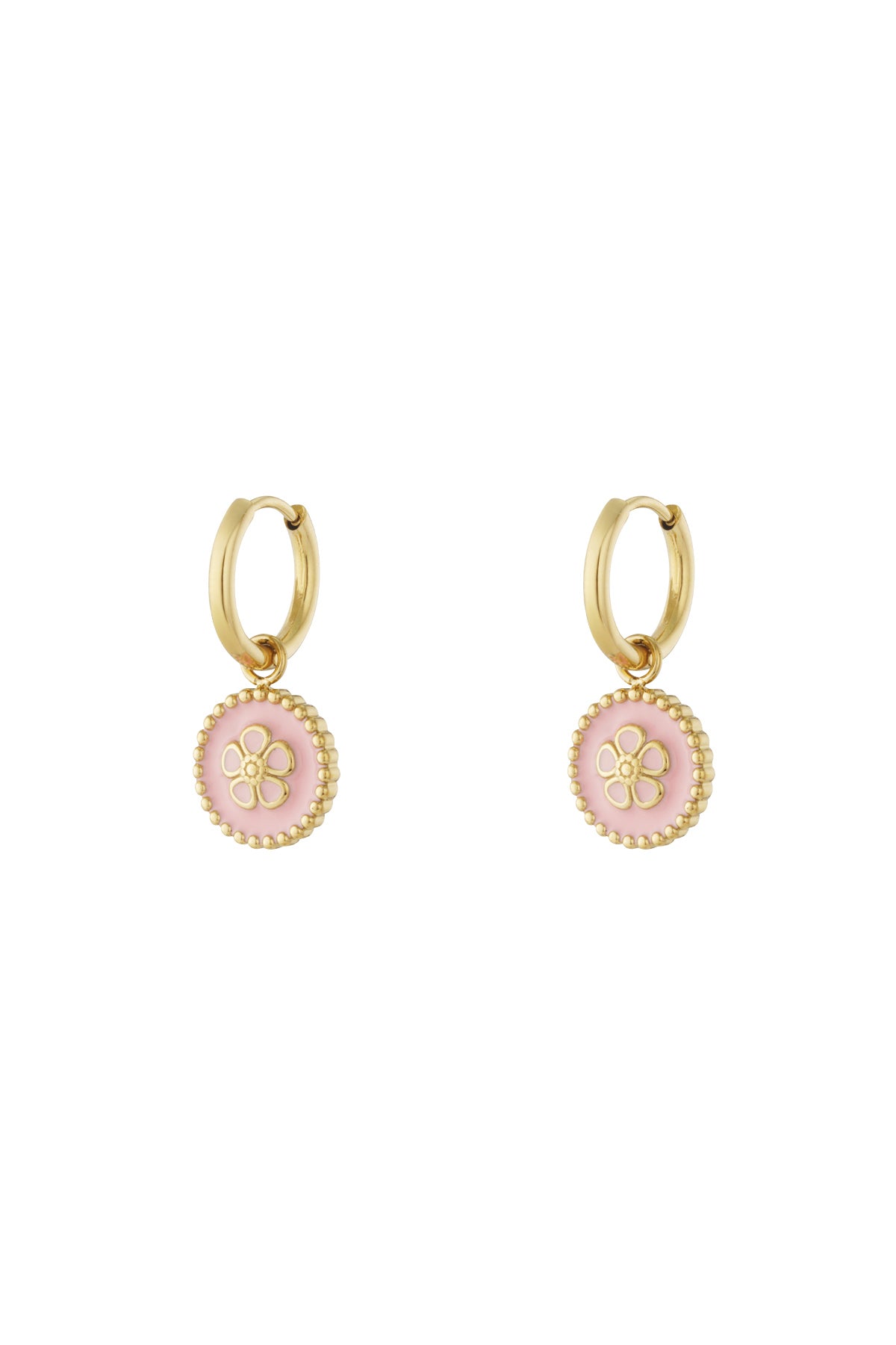 Gold-tone hoop drop earrings with pink enamel flower charm and beaded edge on white background