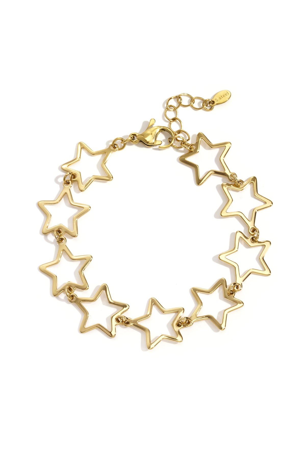 Gold-tone stainless steel bracelet featuring linked hollow star shapes with lobster clasp closure on white background