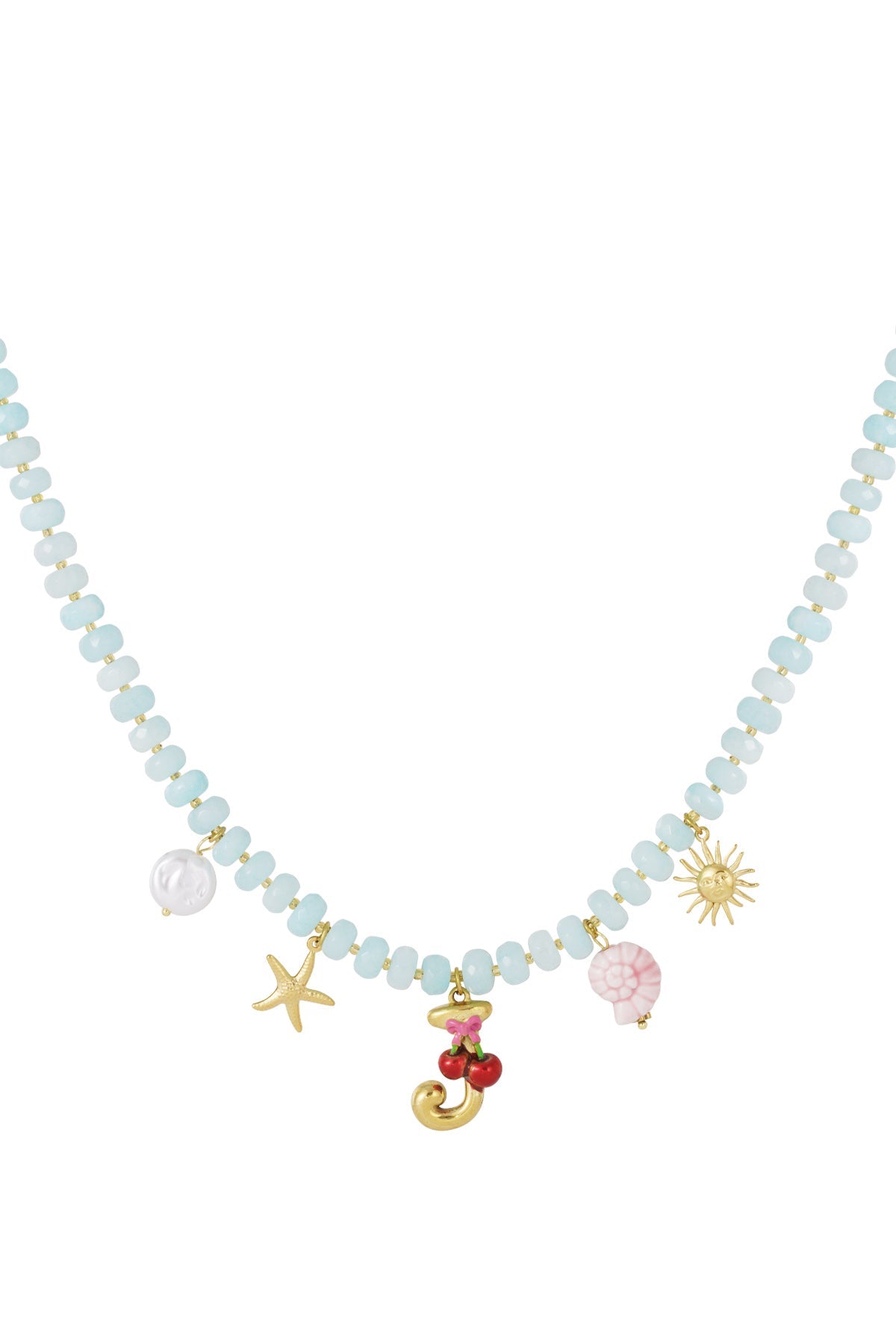 Light blue beaded necklace with gold charms: initial J, cherry, starfish, sun, shell, and pearl on white background.