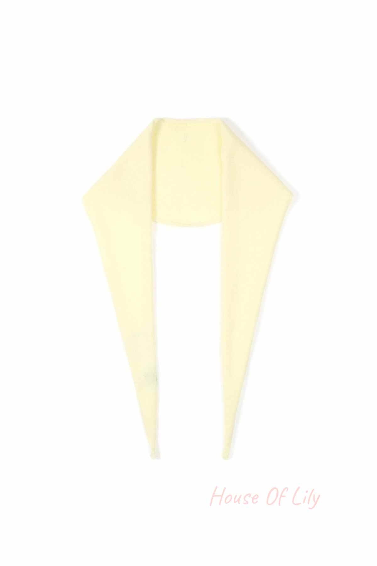 Pale yellow soft knit triangle scarf displayed flat